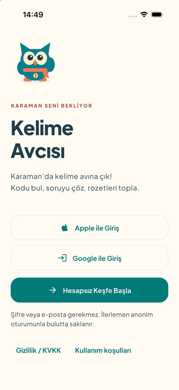 Giriş ekranı: baykuş maskotu, Kelime Avcısı başlığı, Apple ve Google ile giriş ile Hesapsız Keşfe Başla butonları