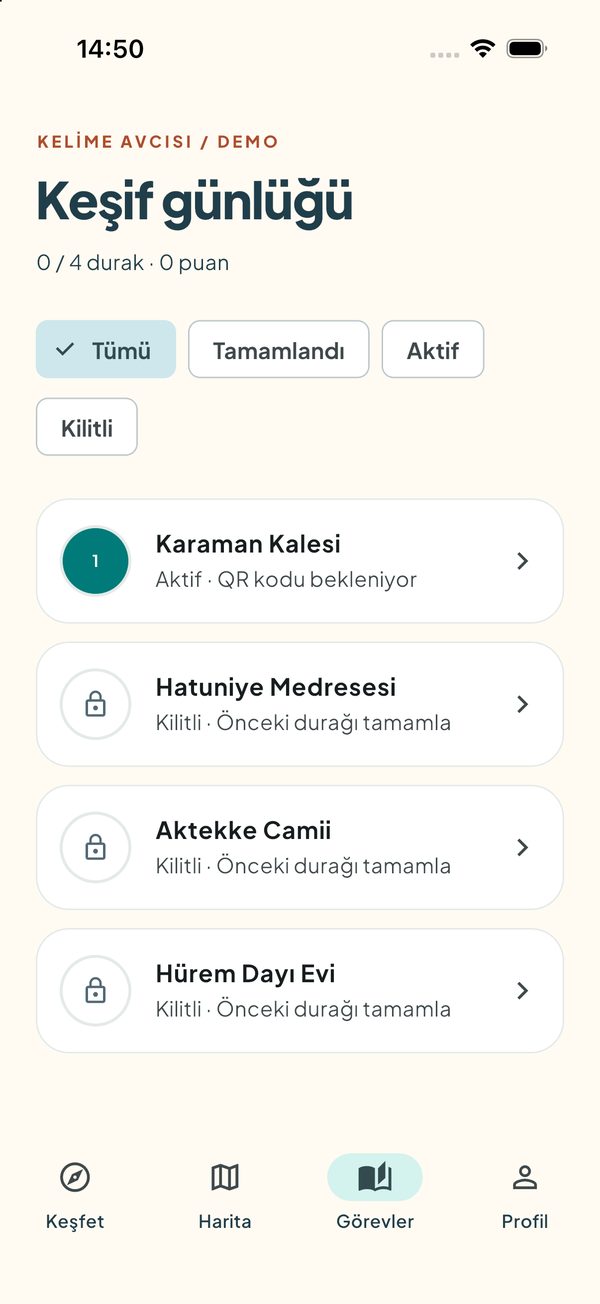 Keşif günlüğü: dört durağın durumu, tamamlandı, aktif ve kilitli filtreleri